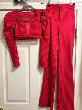 Weissman Red Pinstripe Cropped Puff-Sleeve Top & Flared Pants Set